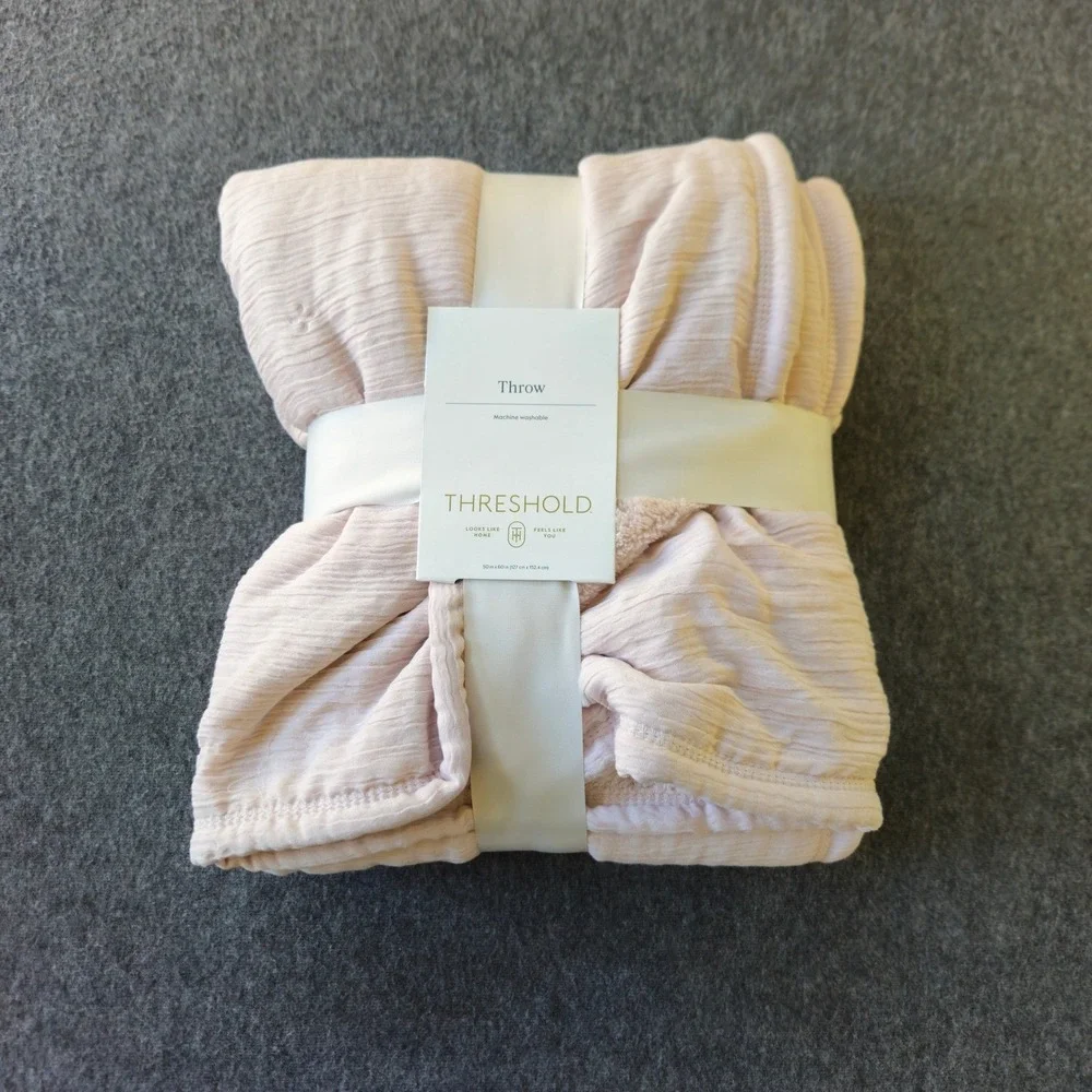 New! Threshold Pink Gauze to Sherpa Reversible Blanket 50x60 Baby Shower Bridal
